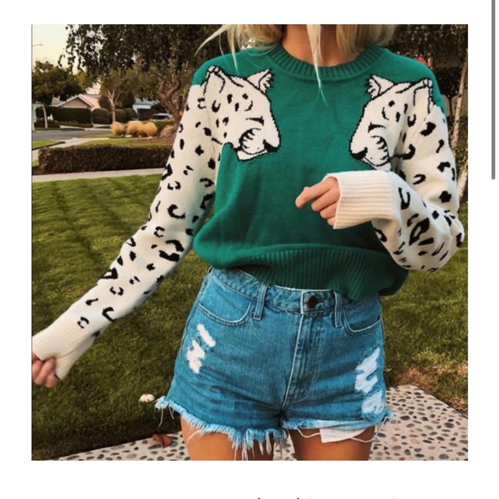 MINKPINK Teal and Cream Leopard Sweater